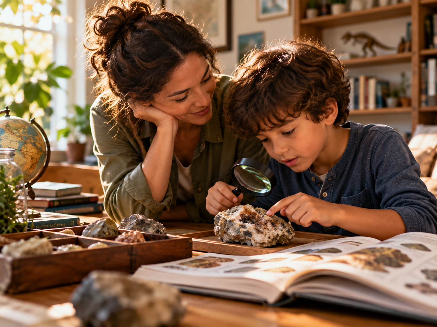 A parent and child examining a mineral together