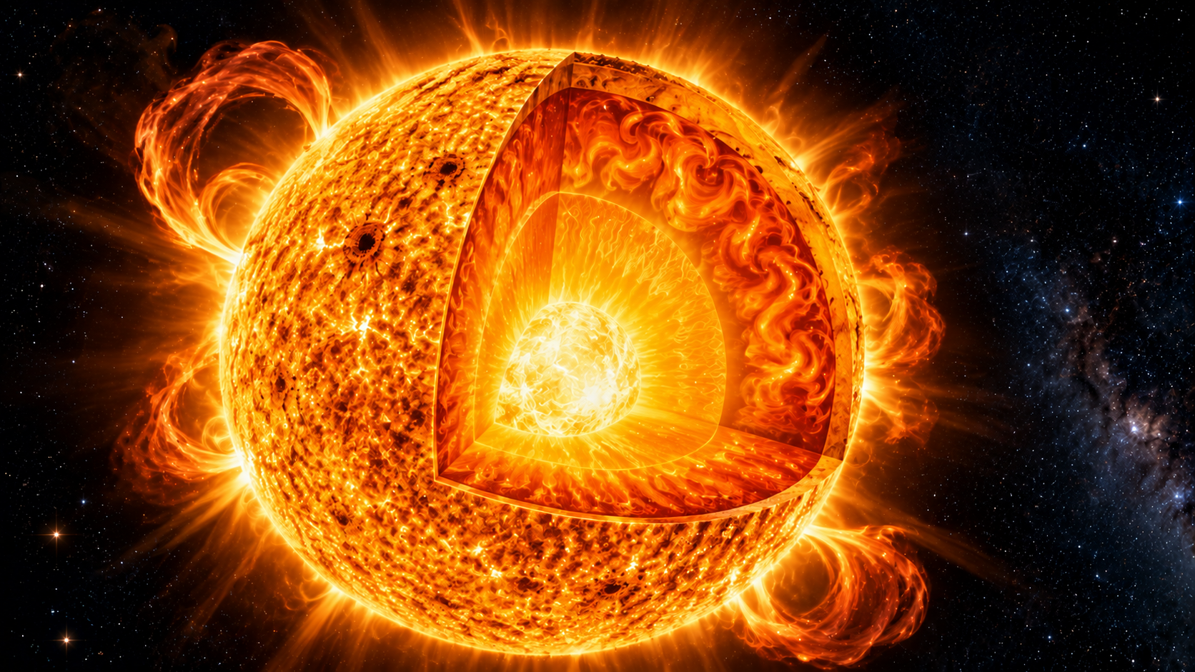 Deep inside a star, nuclear fusion in the core releases the energy that makes it shine.