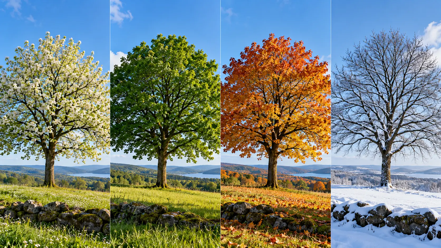The same solitary tree seen in spring, summer, autumn, and winter
