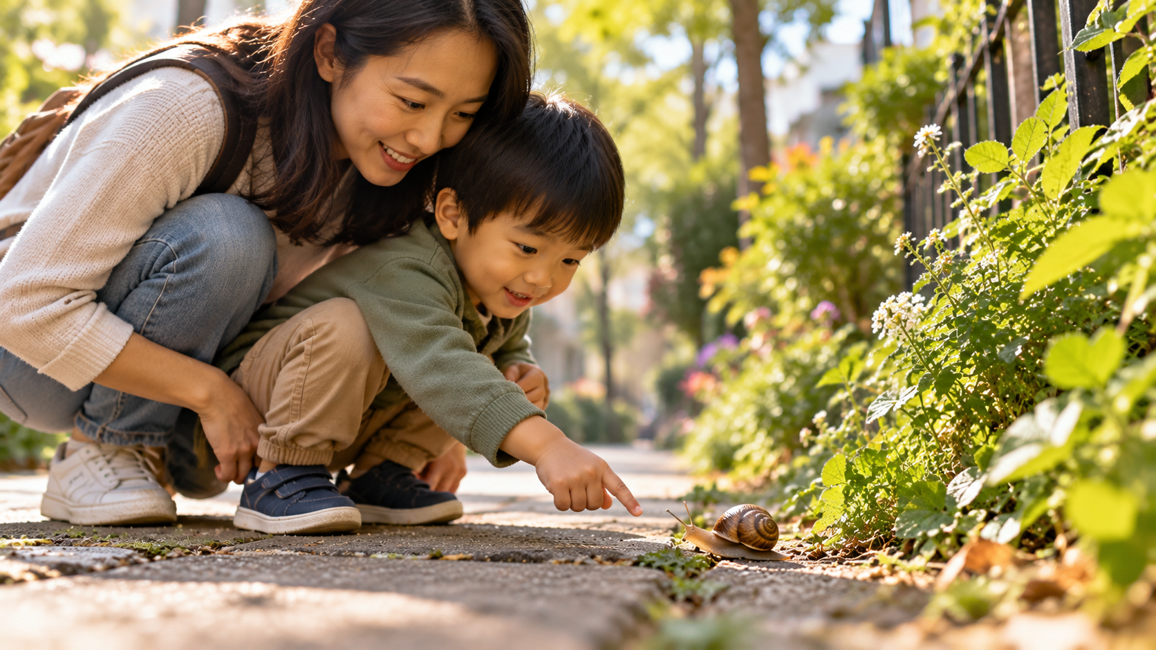A mother and child crouching on a city sidewalk to look at a snail