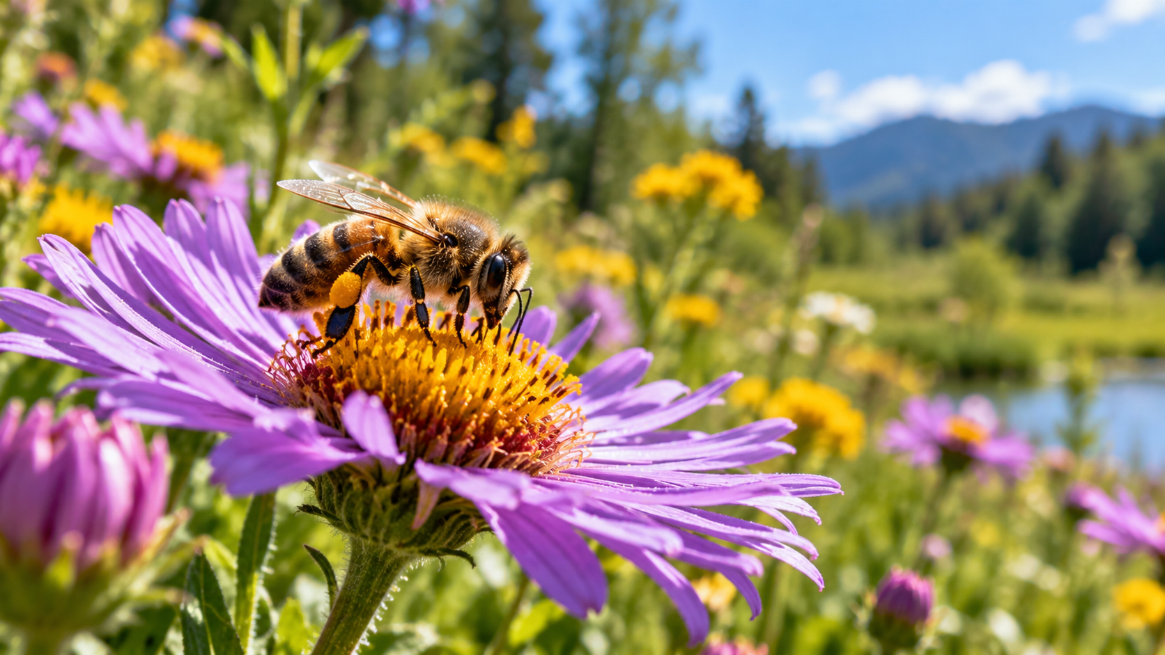 A bee collecting pollen from a purple flower in a meadow