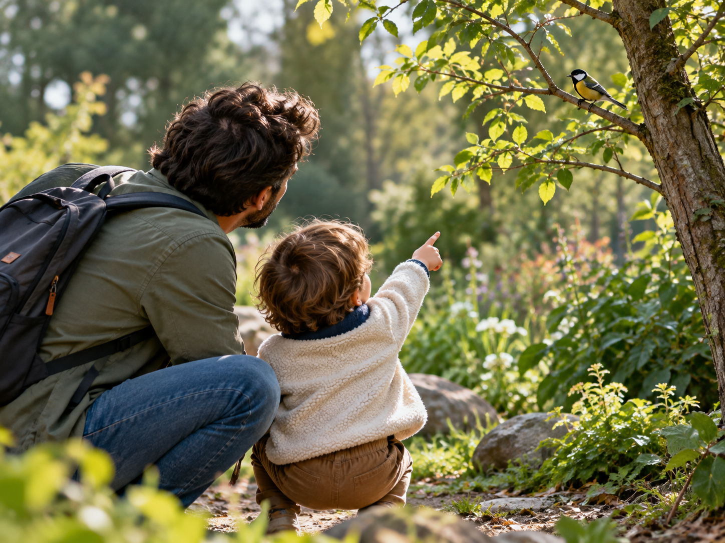 A father and child crouching together to watch a bird on a branch