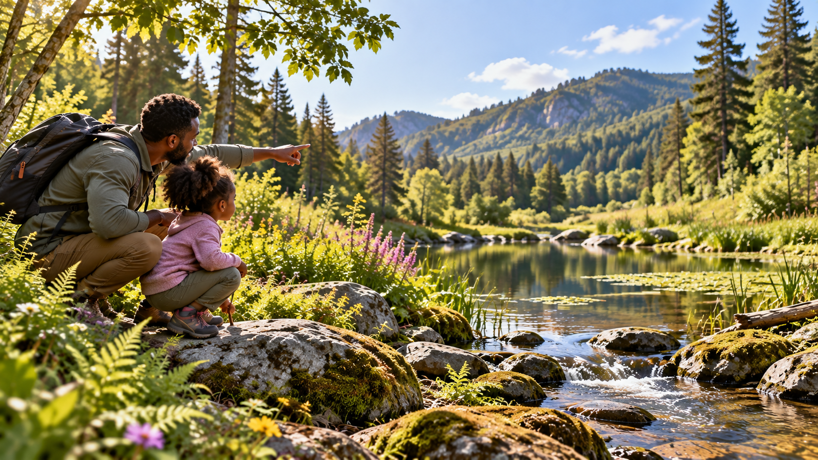 A father and daughter pointing across a forest stream surrounded by plants and mountains