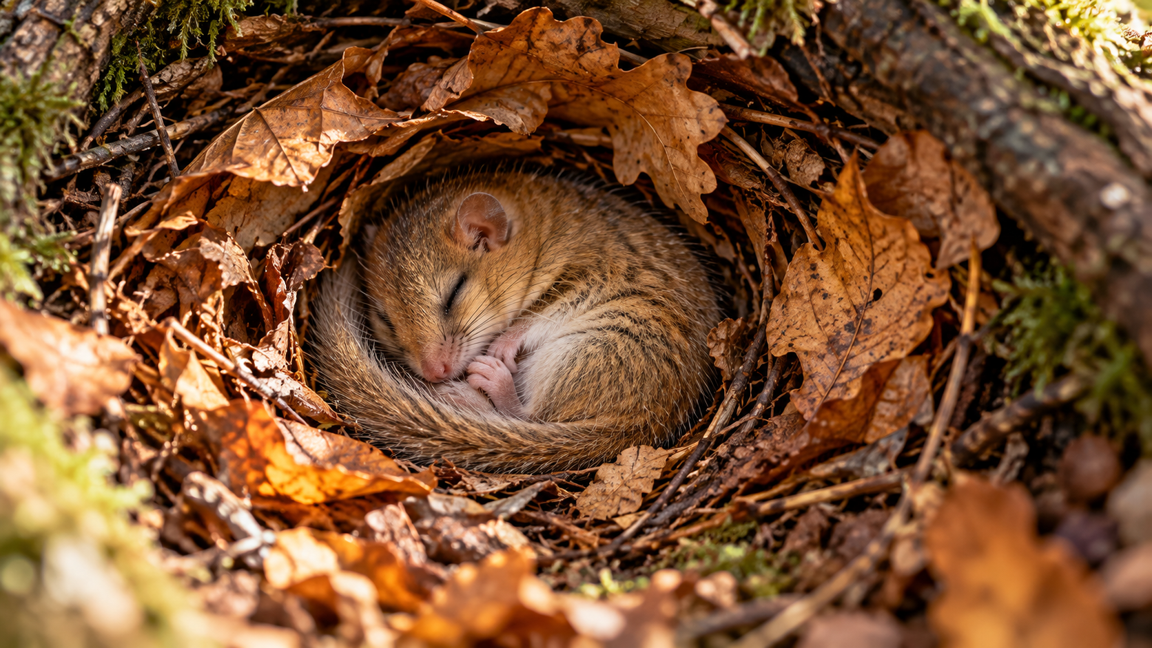 A dormouse curls asleep inside a nest of dry leaves.