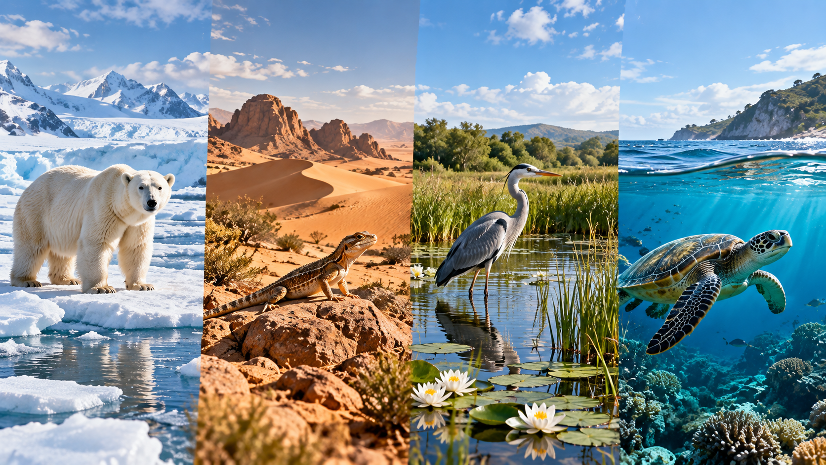 A polar bear, desert lizard, wetland heron, and sea turtle in four contrasting habitats.