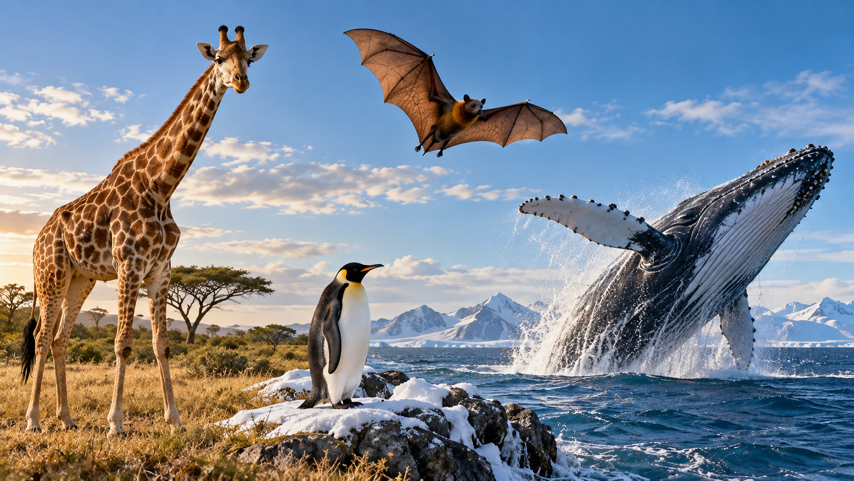 Giraffes, penguins, bats, and whales show how animal bodies are adapted to different ways of living.