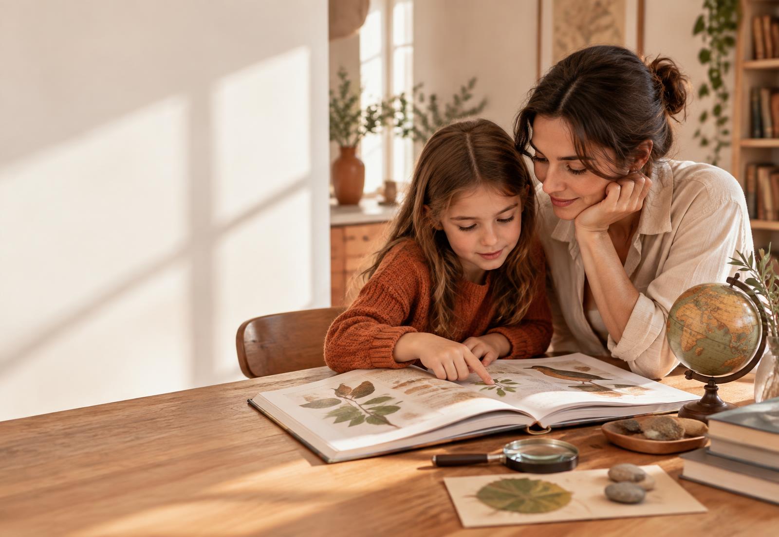 A parent and child discovering nature together in an illustrated book